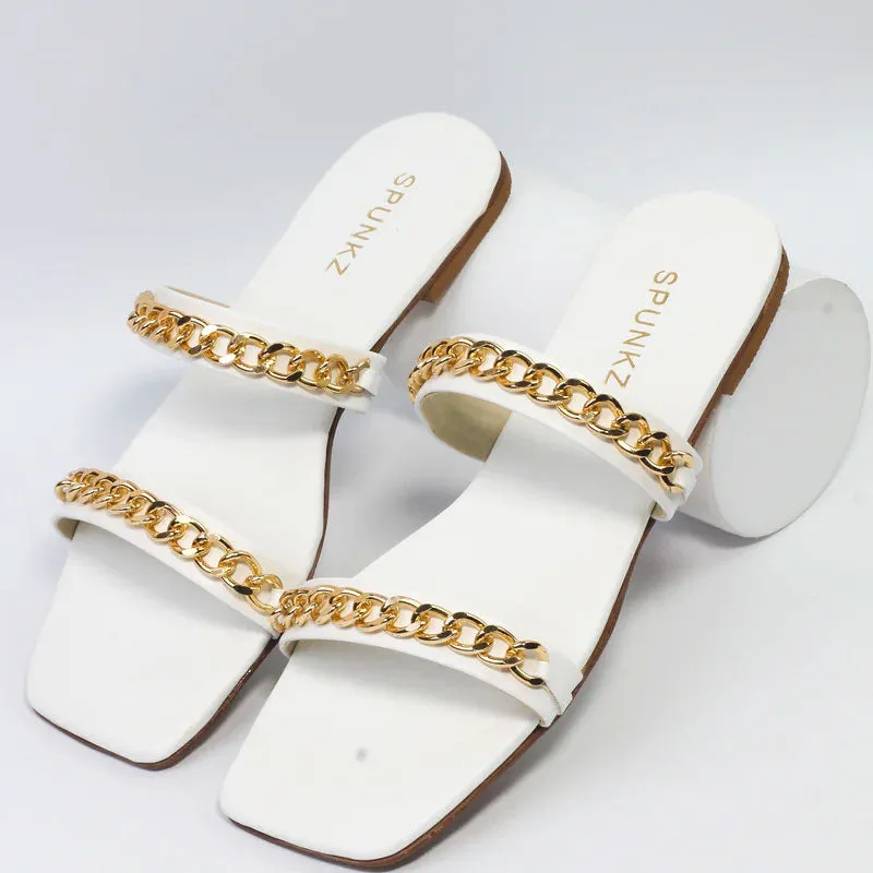 Gold Chain Double Strap Flats Leather Sole Sandal