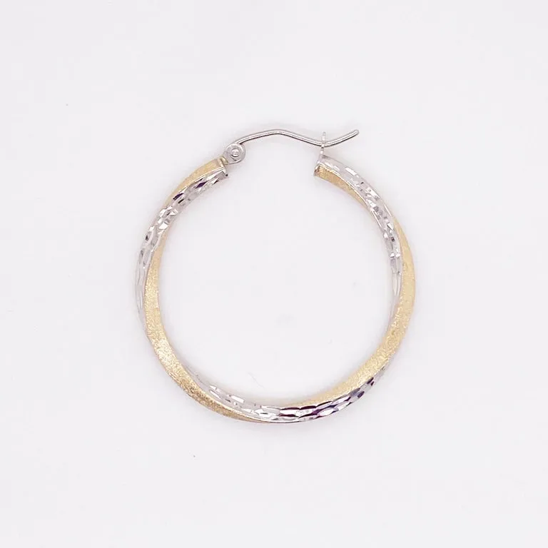 Hammered Twisted Hoop Earrings, 14K Yellow-White Gold Mixed Metals w Satin