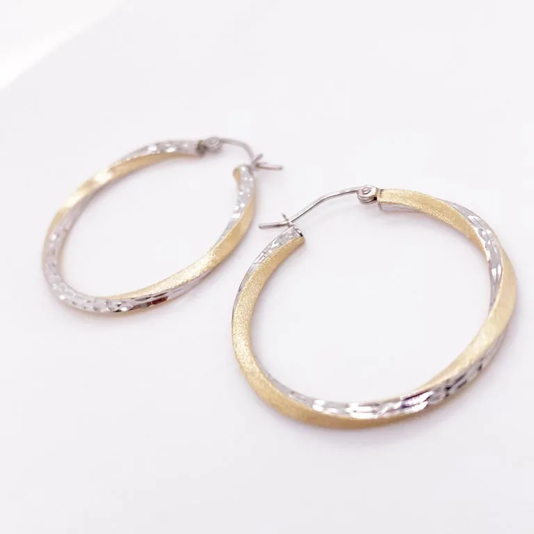 Hammered Twisted Hoop Earrings, 14K Yellow-White Gold Mixed Metals w Satin