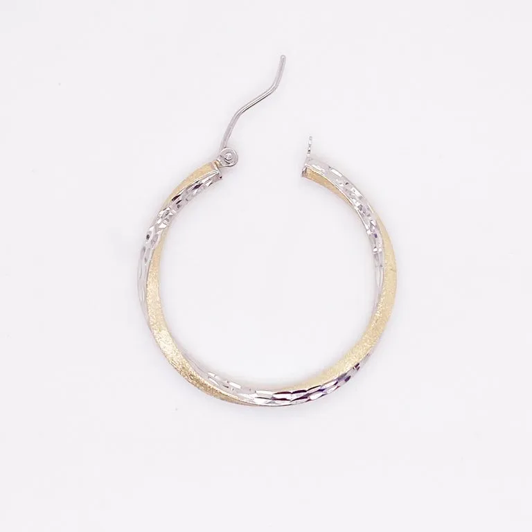 Hammered Twisted Hoop Earrings, 14K Yellow-White Gold Mixed Metals w Satin