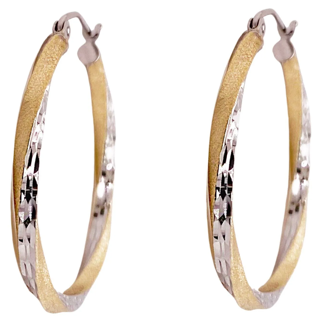 Hammered Twisted Hoop Earrings, 14K Yellow-White Gold Mixed Metals w Satin