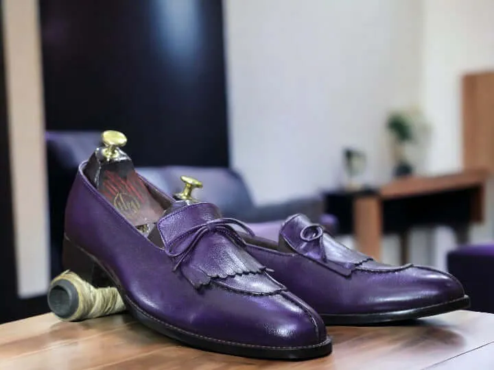 Handmade Purple Cow Hide Genuine Leather Shoes, Men's Fringe Loafer Shoes