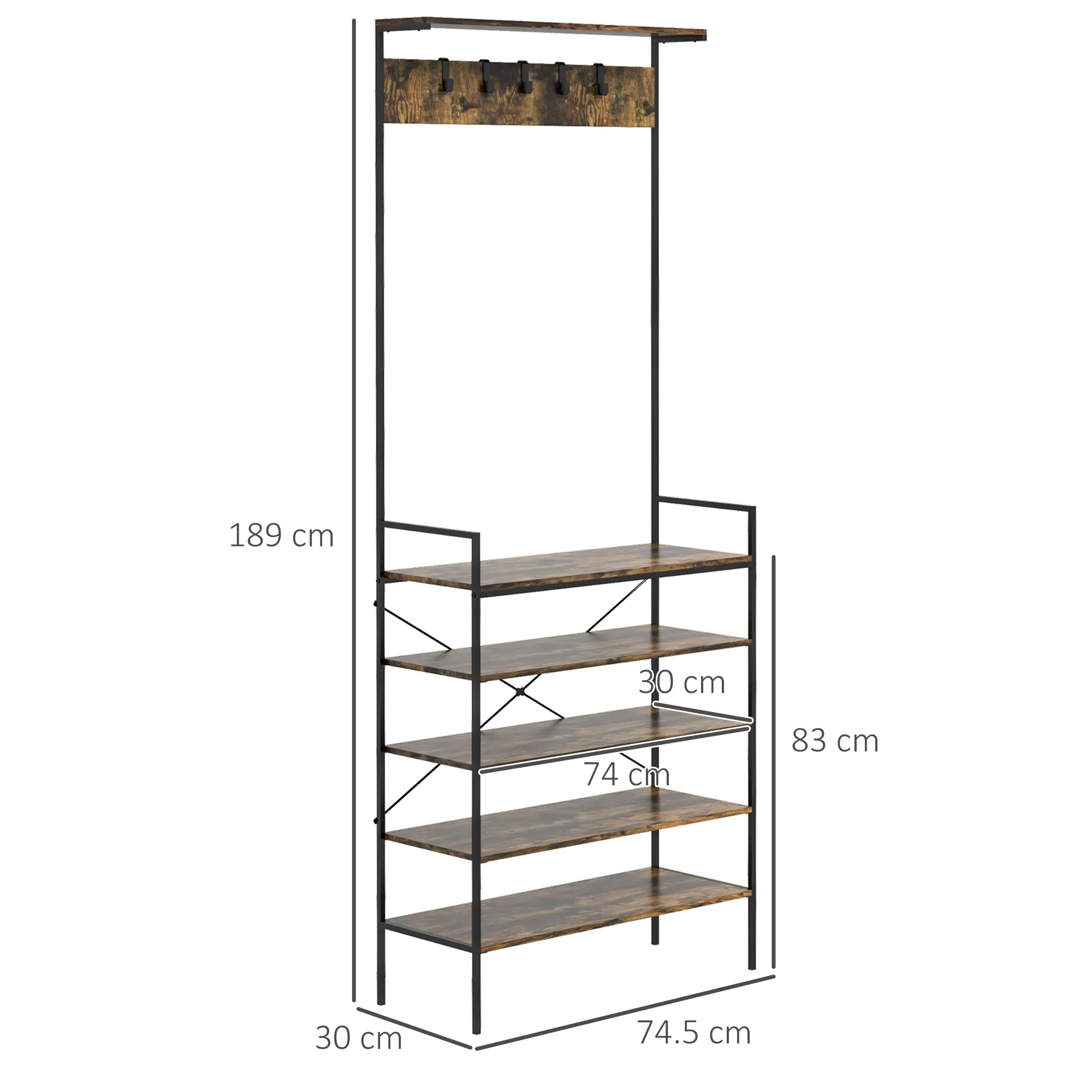 HOMCOM Kitchen Baker's Rack, Industrial Microwave Stand, Coffee Bar Table with Storage Shelves and 5 Hooks for Spices, Cups, Pots and Pans, Rustic Brown