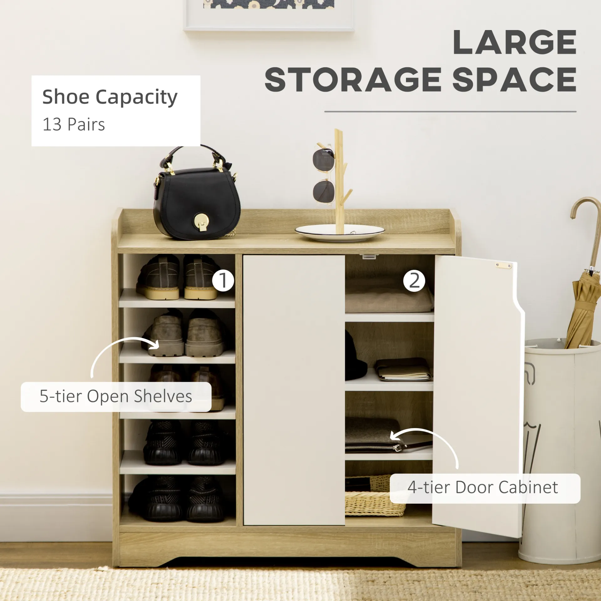 HOMCOM Modern Shoe Cabinet with 4-Tier Double Door Cupboard & 5-Tier Open Shelves - 13 Pair Shoe Storage Organizer in Natural and White