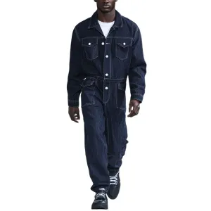 Men Fashion Multi-pocket Single-breasted Lapel Long-sleeved Denim Jumpsuit 20921518Y