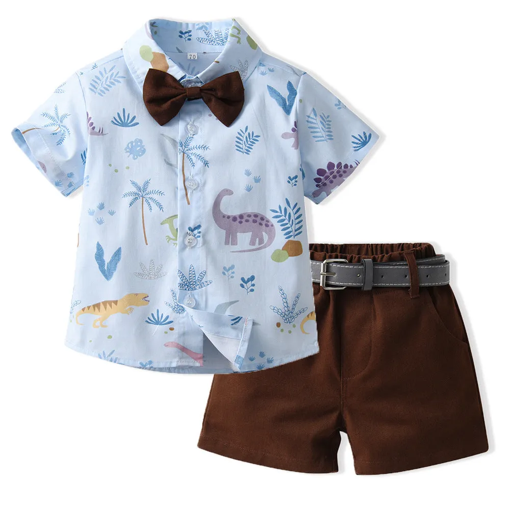 New Boy Summer Clothing Fashionable Dinosaur Short-sleeved Shirt Belt Shorts Two-piece Set