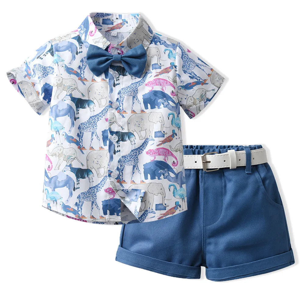 New Boy Summer Clothing Fashionable Dinosaur Short-sleeved Shirt Belt Shorts Two-piece Set