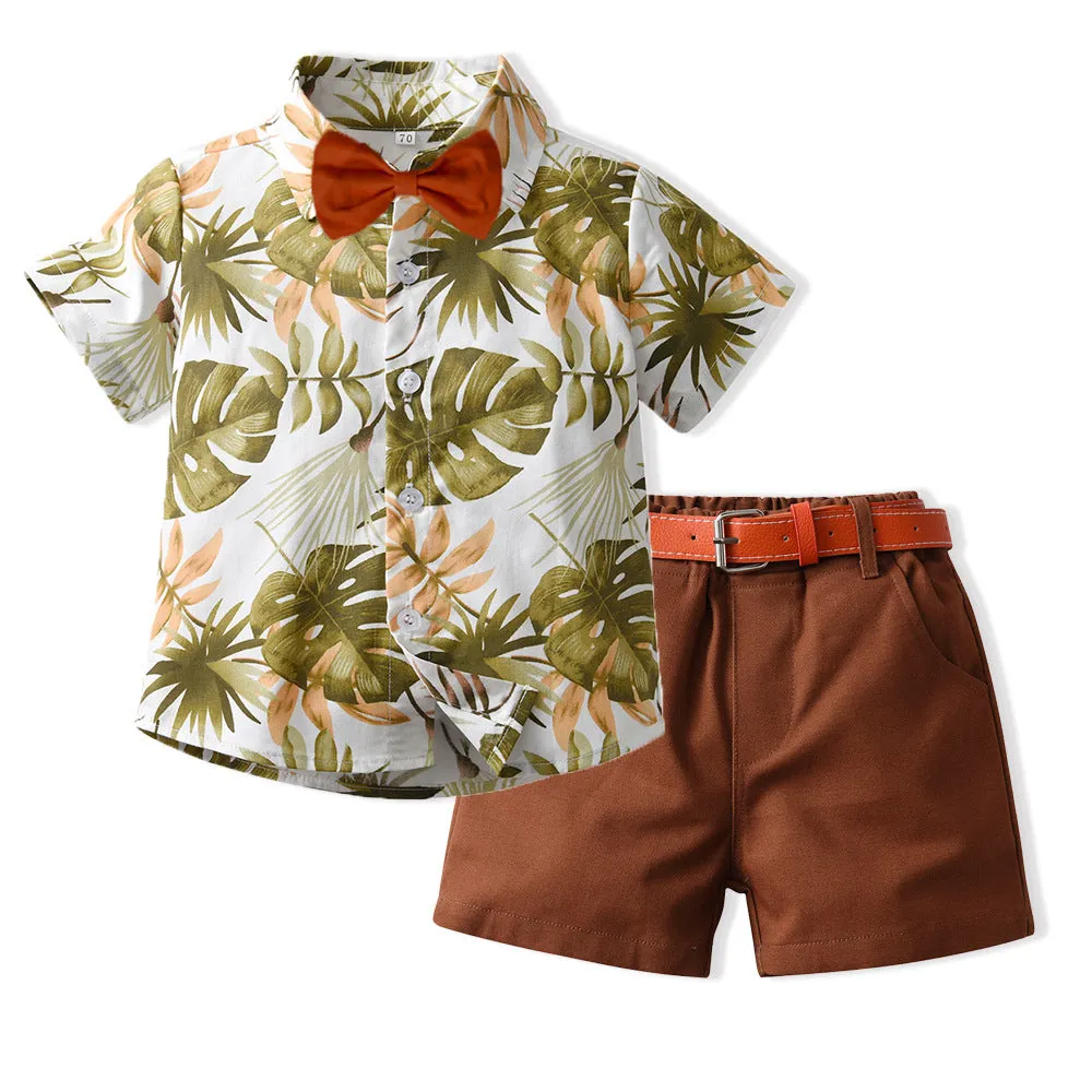 New Boy Summer Clothing Fashionable Dinosaur Short-sleeved Shirt Belt Shorts Two-piece Set