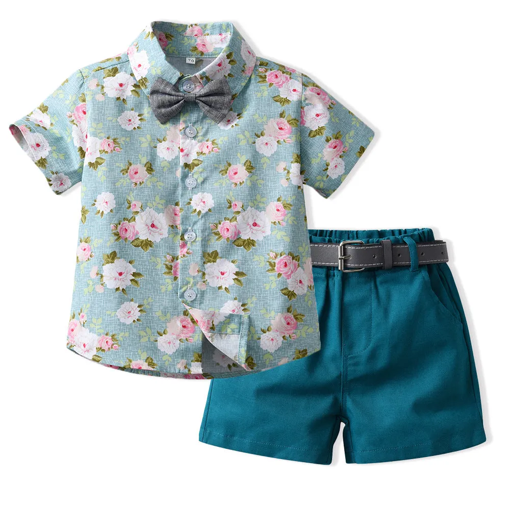 New Boy Summer Clothing Fashionable Dinosaur Short-sleeved Shirt Belt Shorts Two-piece Set