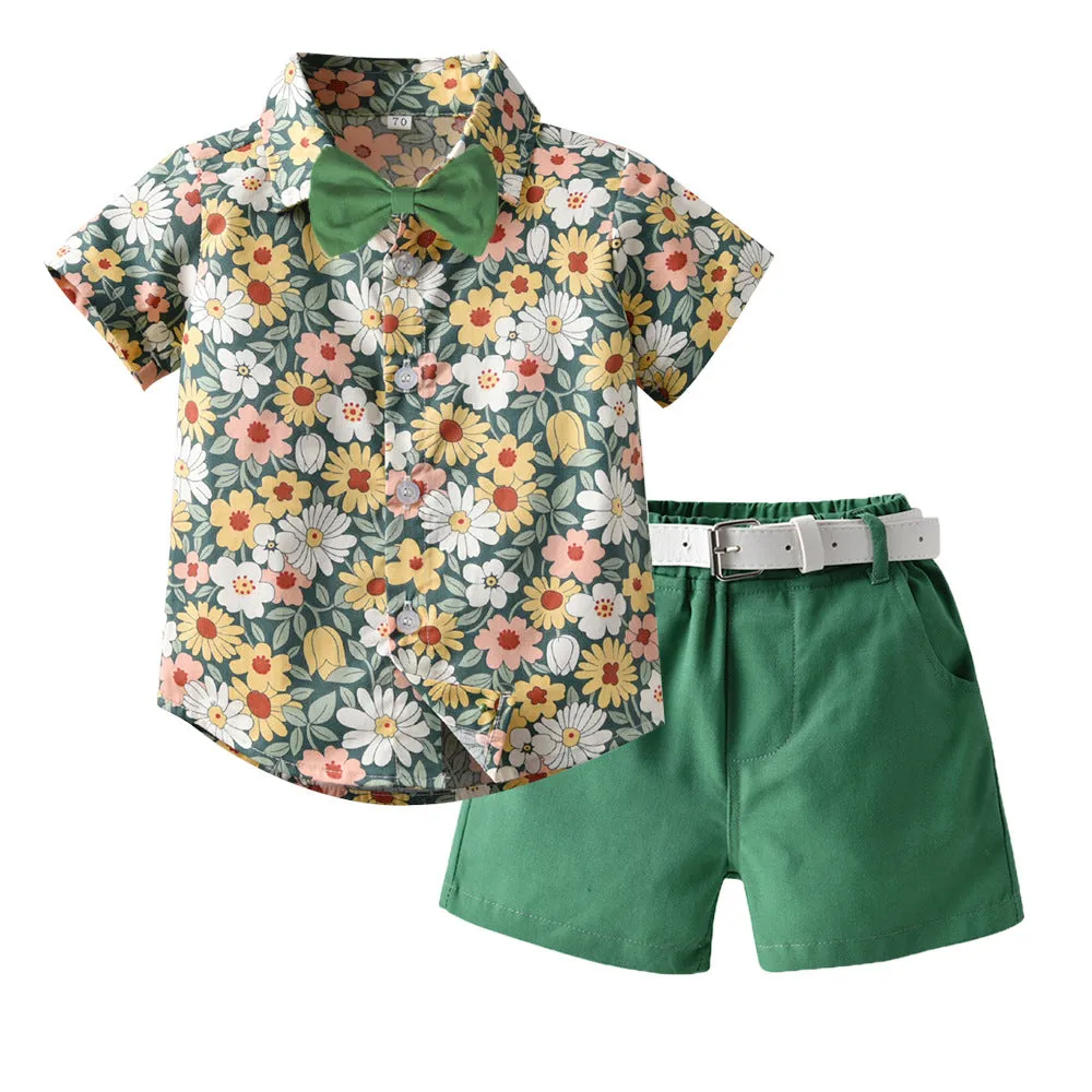 New Boy Summer Clothing Fashionable Dinosaur Short-sleeved Shirt Belt Shorts Two-piece Set