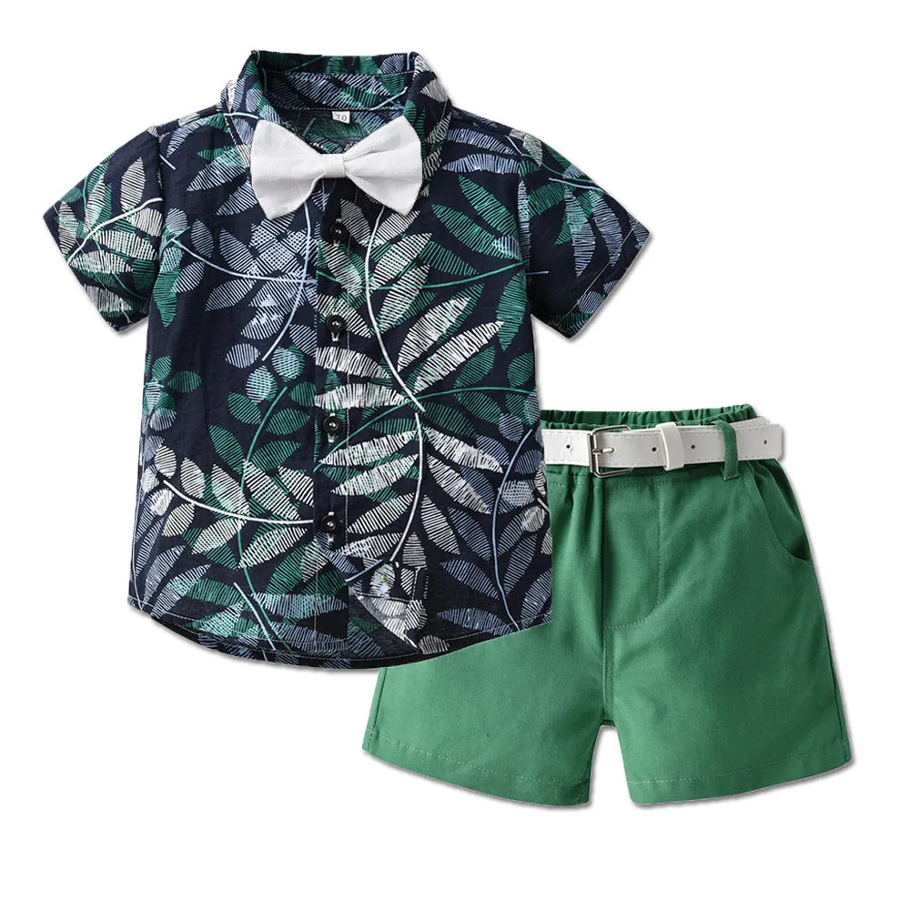 New Boy Summer Clothing Fashionable Dinosaur Short-sleeved Shirt Belt Shorts Two-piece Set