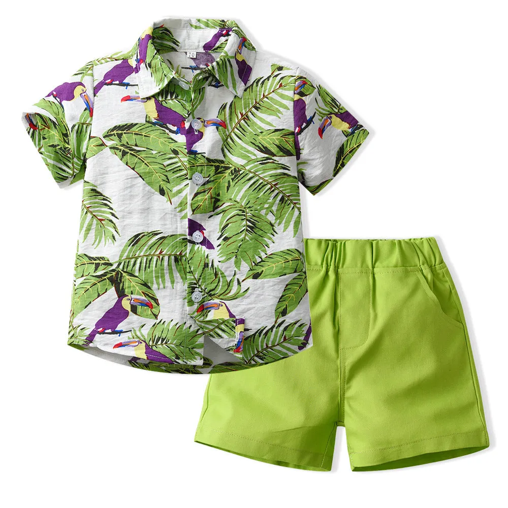 New Boy Summer Clothing Fashionable Dinosaur Short-sleeved Shirt Belt Shorts Two-piece Set