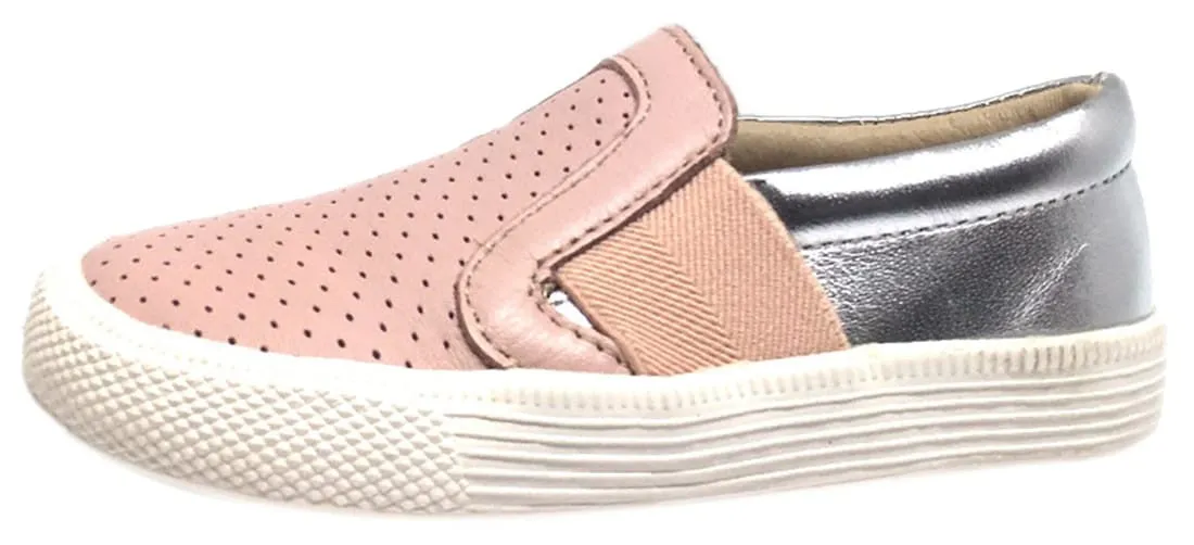 Old Soles Girl's 1056 Powder Pink & Silver Perforated Leather Praise Hoff Slip On Elastic Loafer Sneaker