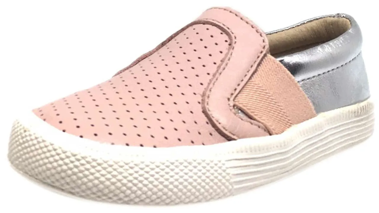 Old Soles Girl's 1056 Powder Pink & Silver Perforated Leather Praise Hoff Slip On Elastic Loafer Sneaker