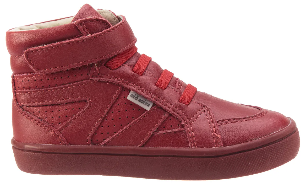 Old Soles Girls and Boy's Starter Shoe Red Perforated Leather Zig Zag Design Elastic Lace Hook and Loop High Top Sneaker