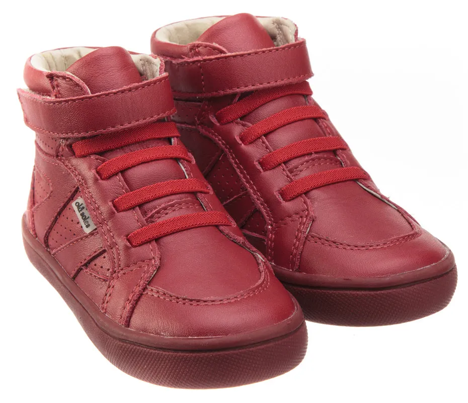 Old Soles Girls and Boy's Starter Shoe Red Perforated Leather Zig Zag Design Elastic Lace Hook and Loop High Top Sneaker