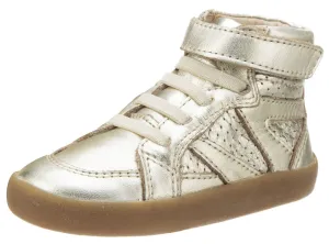 Old Soles Girl's and Boy's The Leader Gold Perforated Metallic Leather Elastic Lace Hook and Loop High Top Sneaker