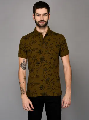 Olive Green Printed Slim Fit Polo T-shirt | JadeBlue