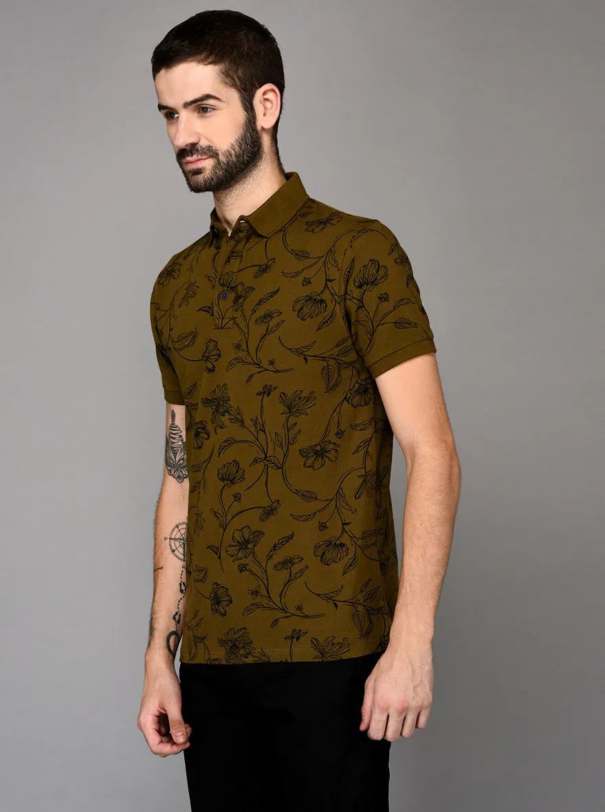 Olive Green Printed Slim Fit Polo T-shirt | JadeBlue