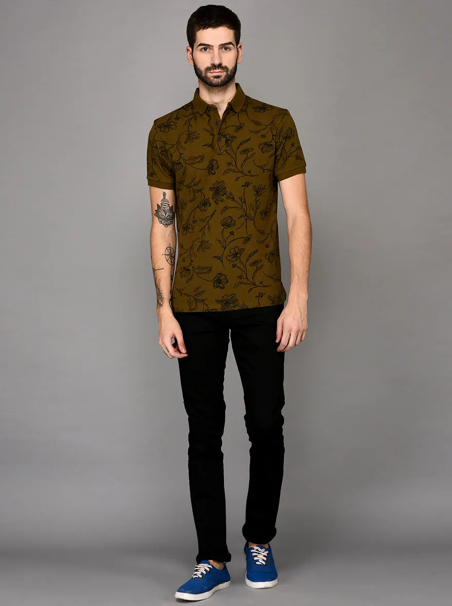 Olive Green Printed Slim Fit Polo T-shirt | JadeBlue