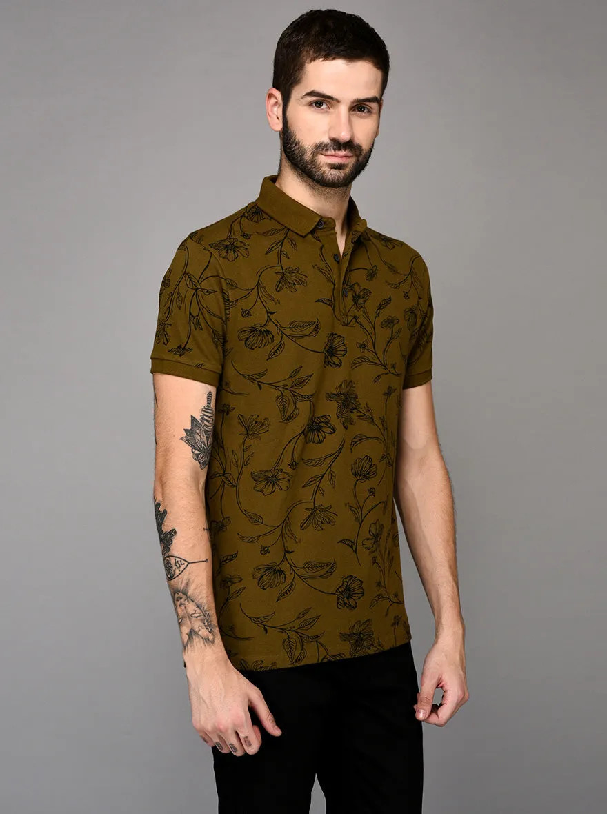 Olive Green Printed Slim Fit Polo T-shirt | JadeBlue