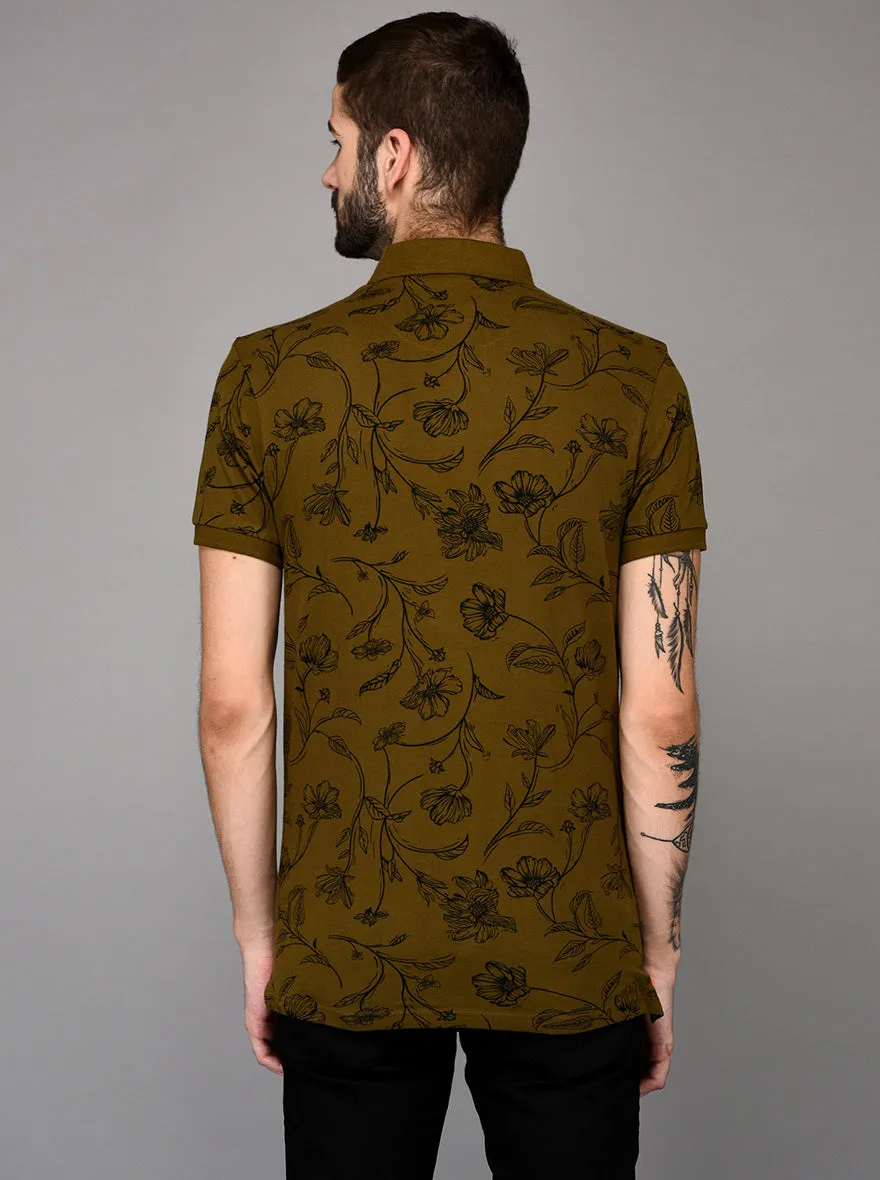 Olive Green Printed Slim Fit Polo T-shirt | JadeBlue