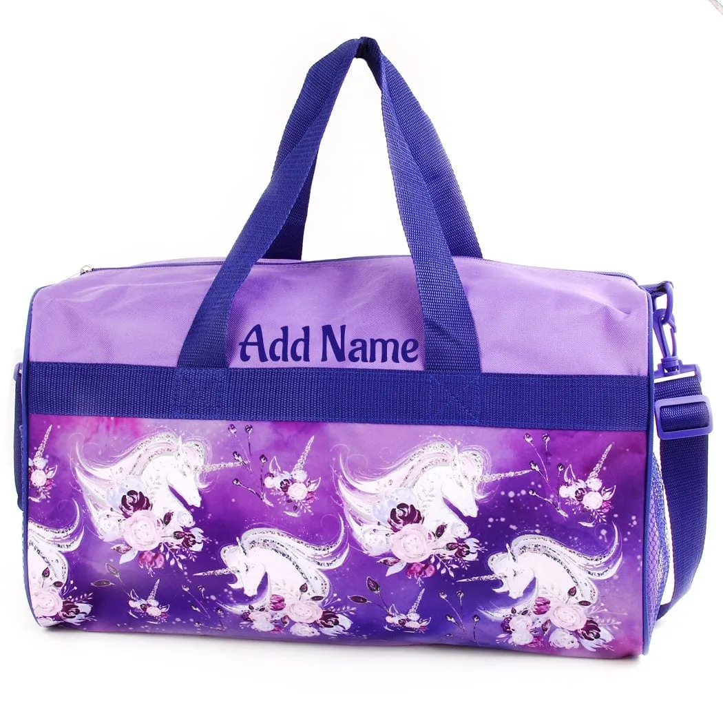 Personalized Kid's Travel Duffel Bag - Floral Unicorn