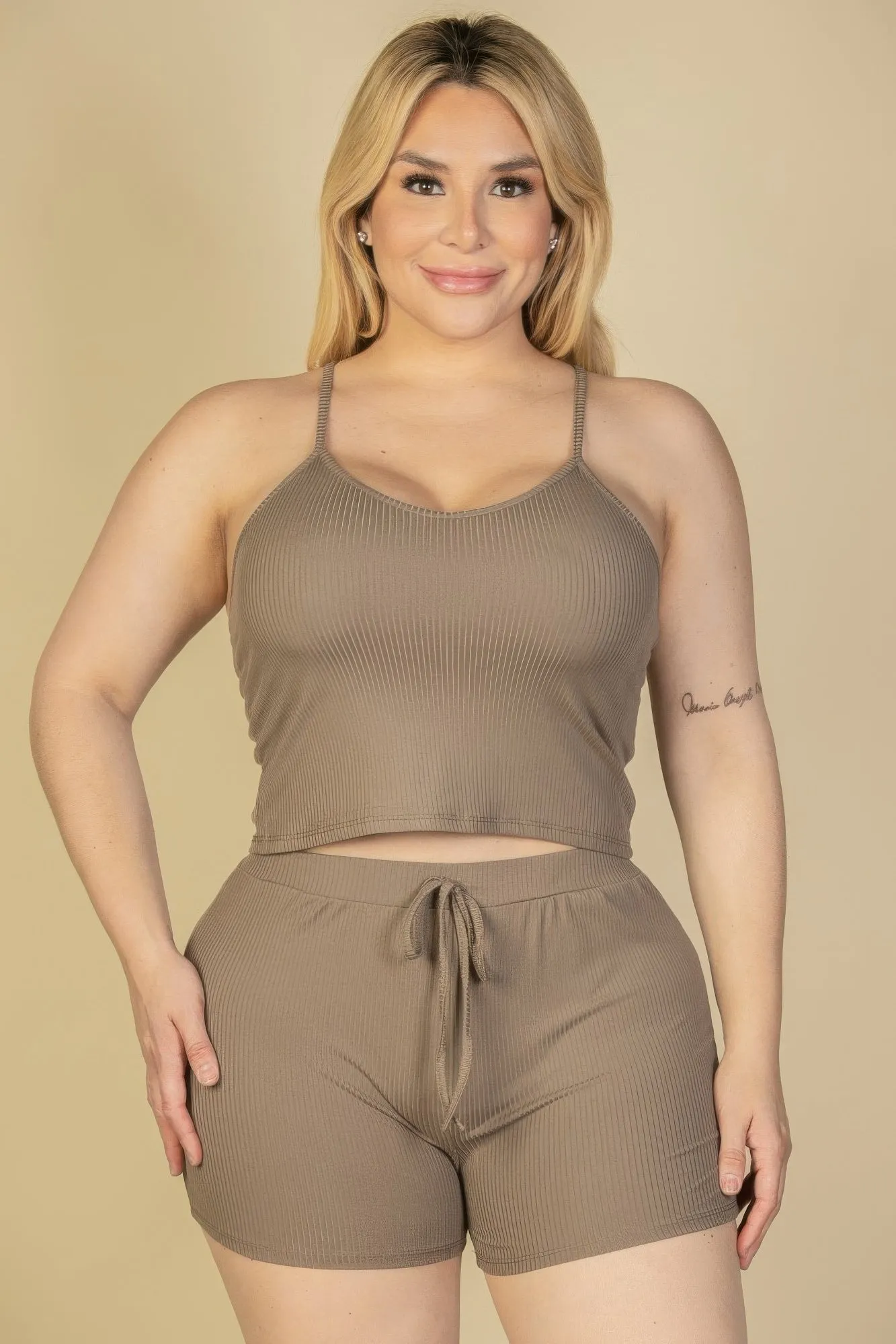 Plus Size Ribbed Crop Cami Top & Shorts Set