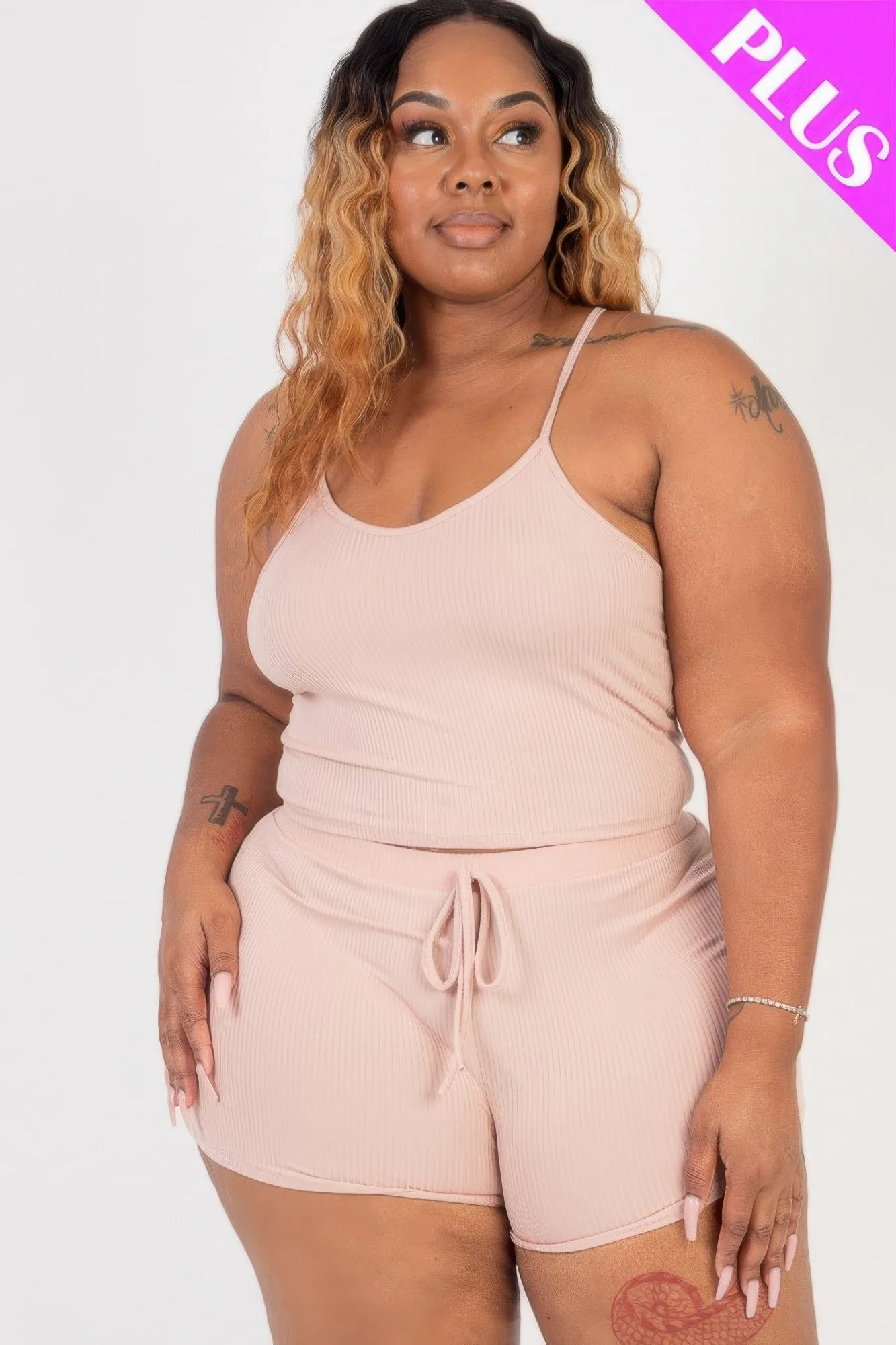 Plus Size Ribbed Crop Cami Top & Shorts Set