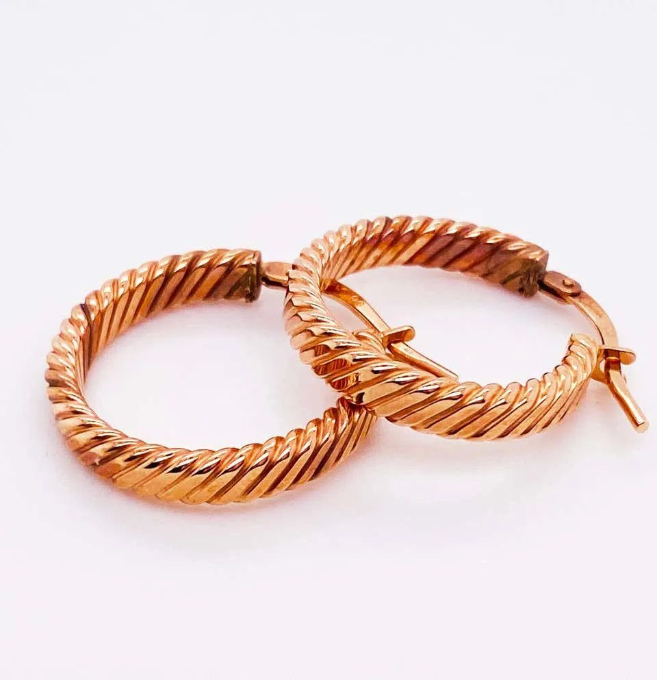 Rope Earrings, 14 Karat Rose Gold Designer Hoop Earrings