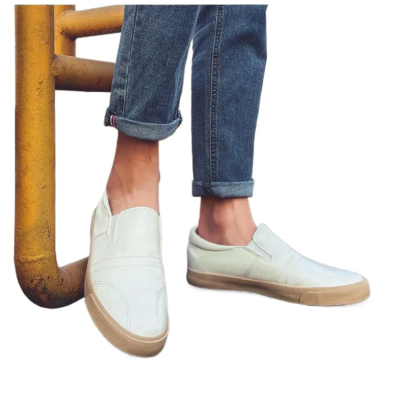 Spring Men's Flat Shoes Leather Loafers Low Top Board Shoes Men's Casual White Shoes