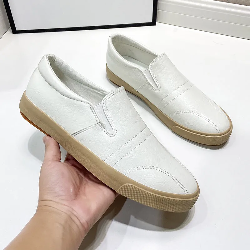 Spring Men's Flat Shoes Leather Loafers Low Top Board Shoes Men's Casual White Shoes