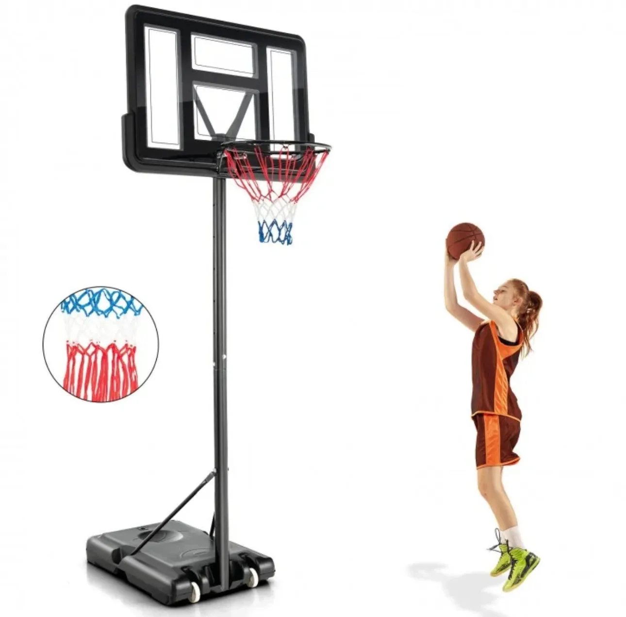 Super Cool Adjustable 12 Levels Basketball Net Hoop Set With 44” Backboard | 4-10 Feet | Wheels | 18” Rim | 2 Nets | Heavy-duty | Indoor | Outdoor