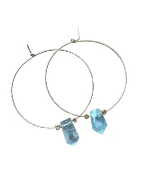 Thin Aquamarine Boho Hoop Earrings Gold Filled