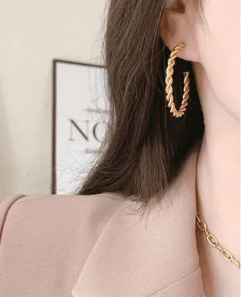 Thin Twist Stainless Steel Gold Hoop Earrings