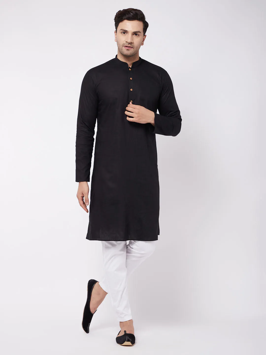 VASTRAMAY Black Cotton Kurta & White Pyjama