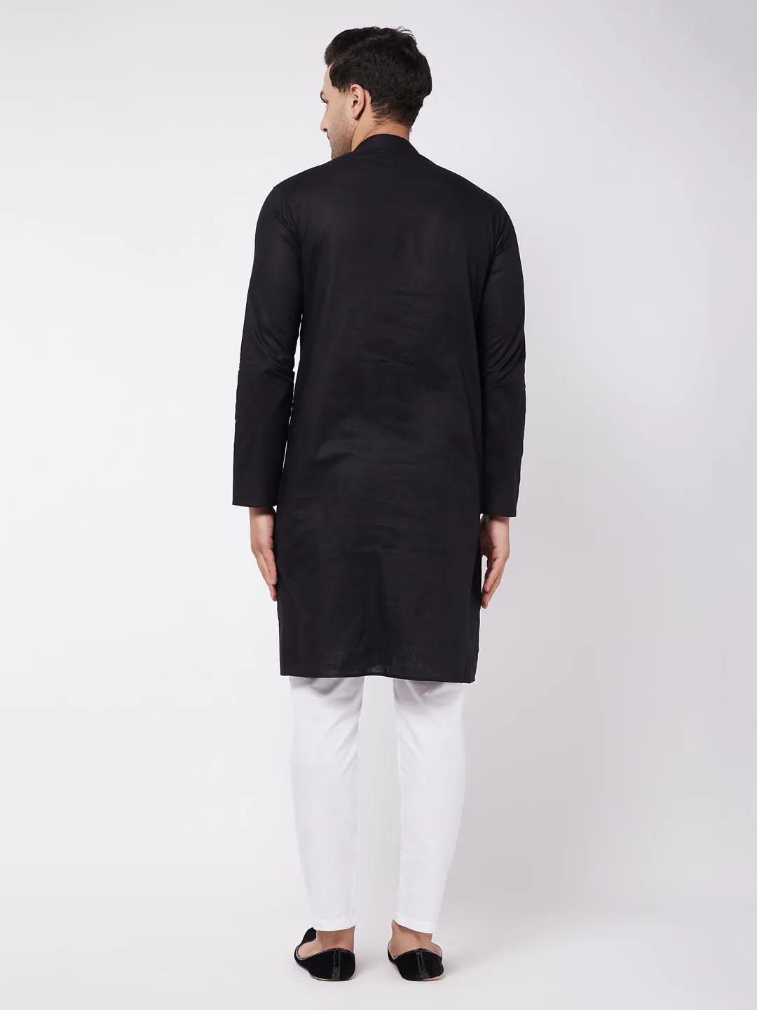 VASTRAMAY Black Cotton Kurta & White Pyjama