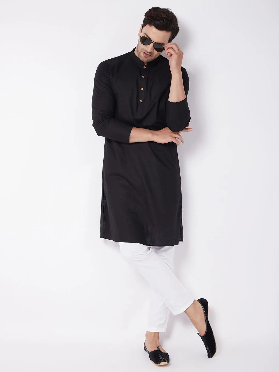 VASTRAMAY Black Cotton Kurta & White Pyjama