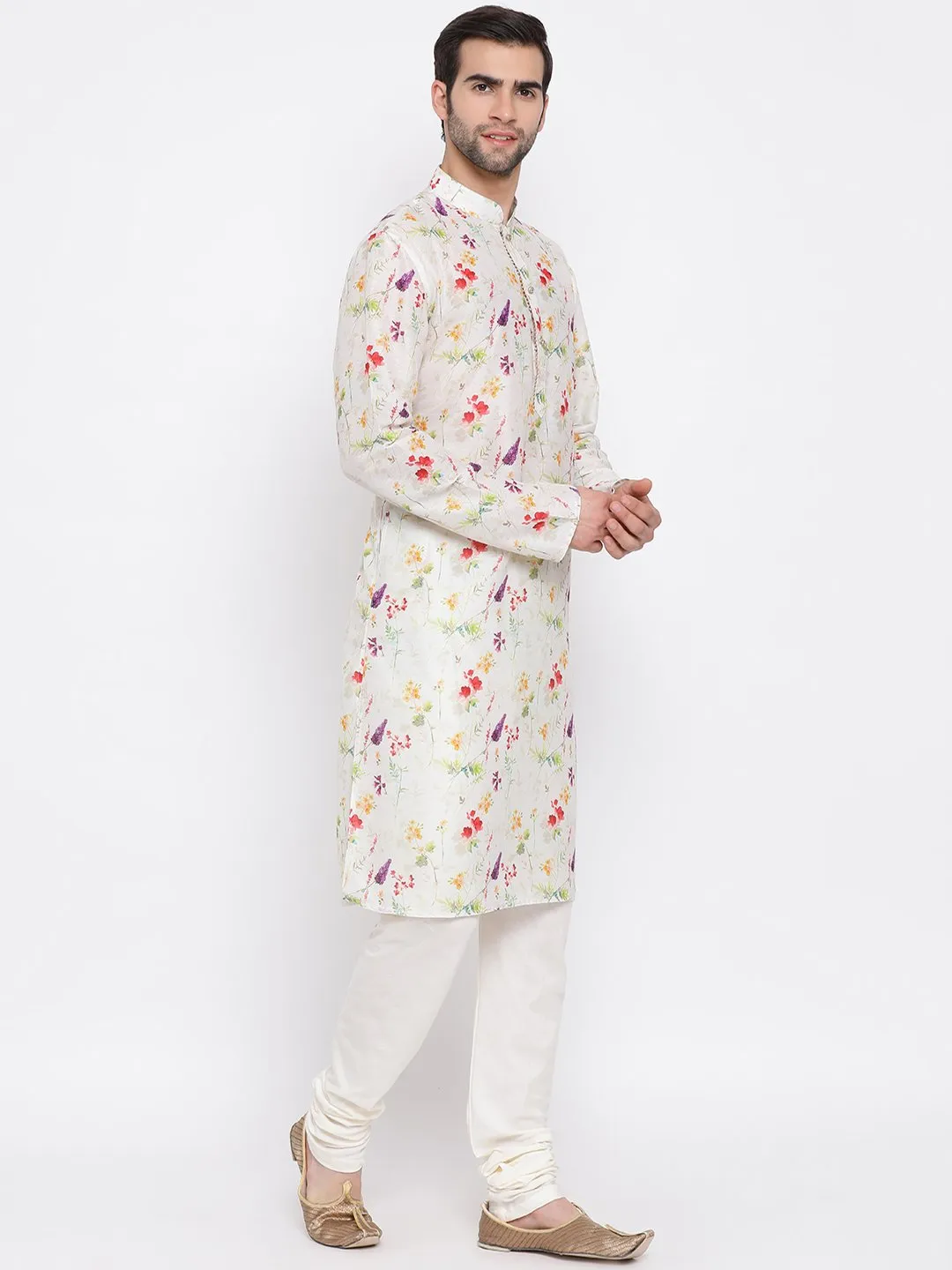 VASTRAMAY Cream Cotton Kurta Pyjama Set