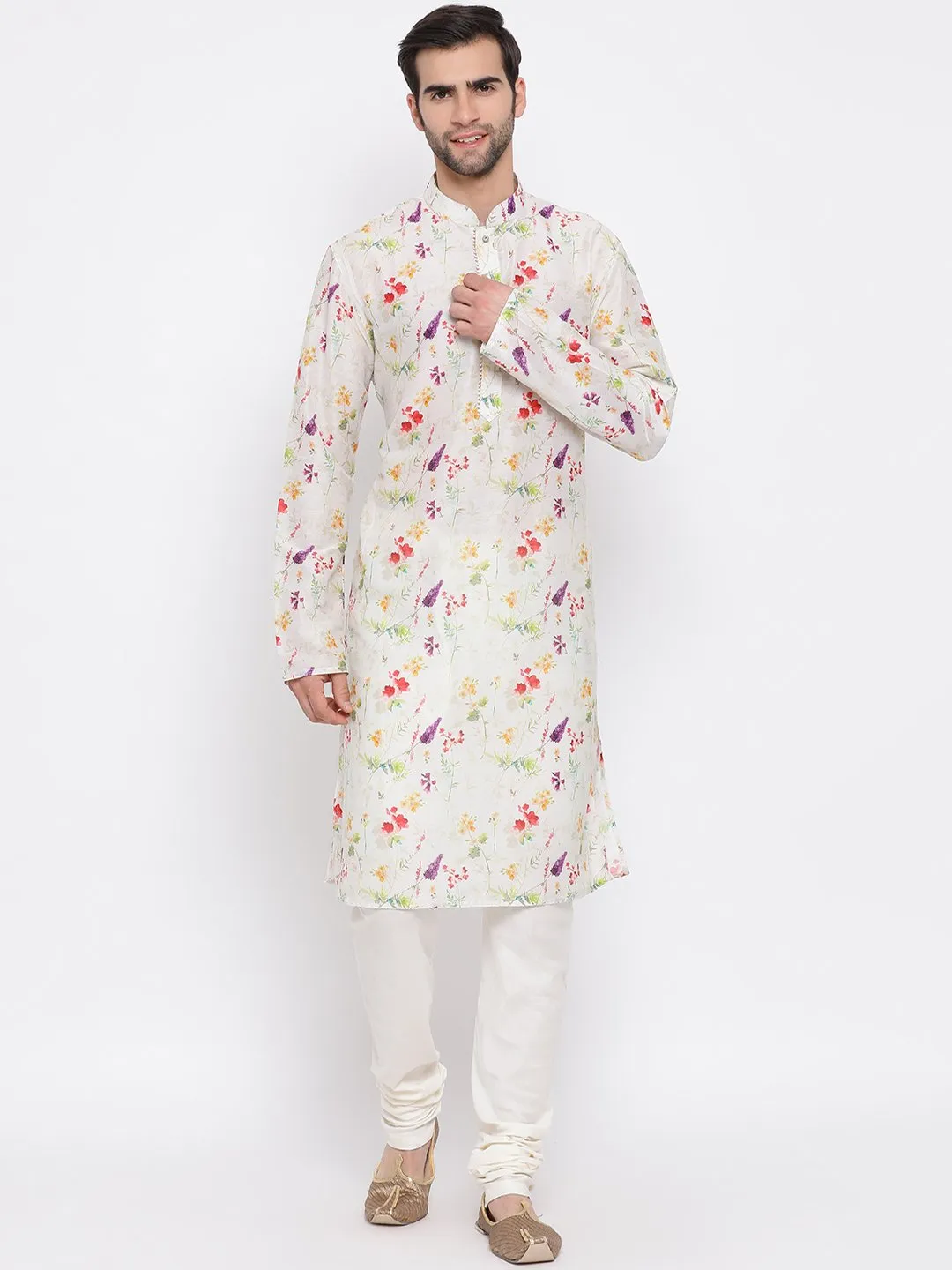 VASTRAMAY Cream Cotton Kurta Pyjama Set