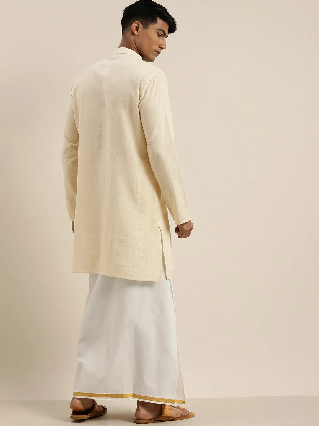 VASTRAMAY Cream Cotton Kurta with Mundu