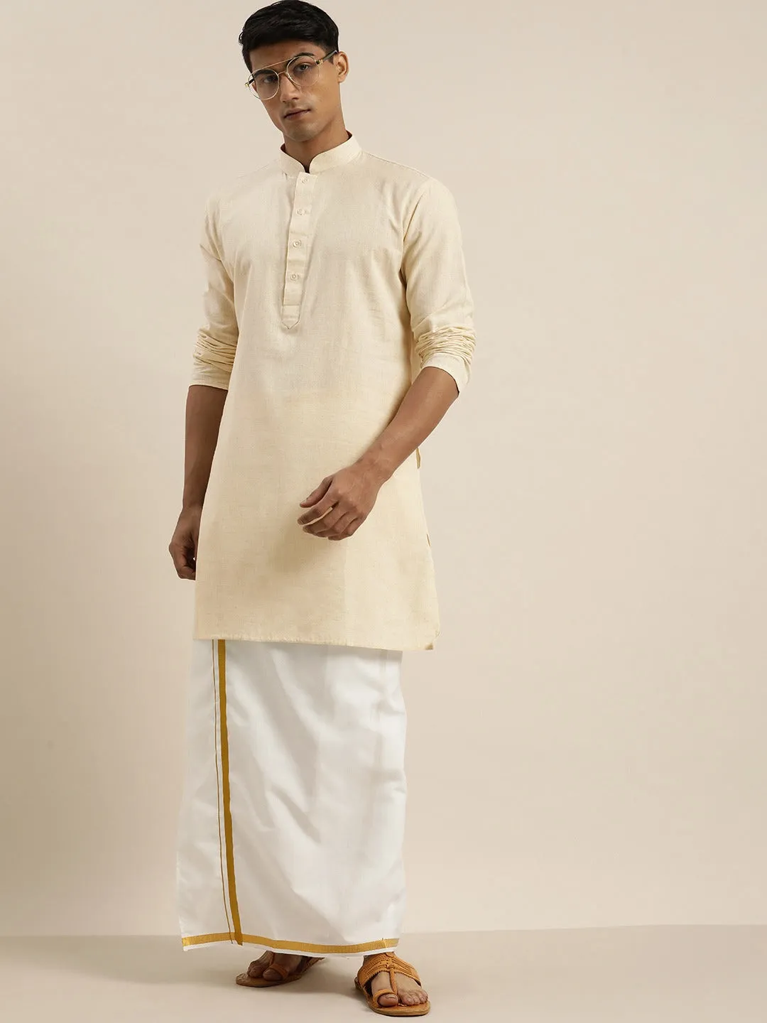 VASTRAMAY Cream Cotton Kurta with Mundu