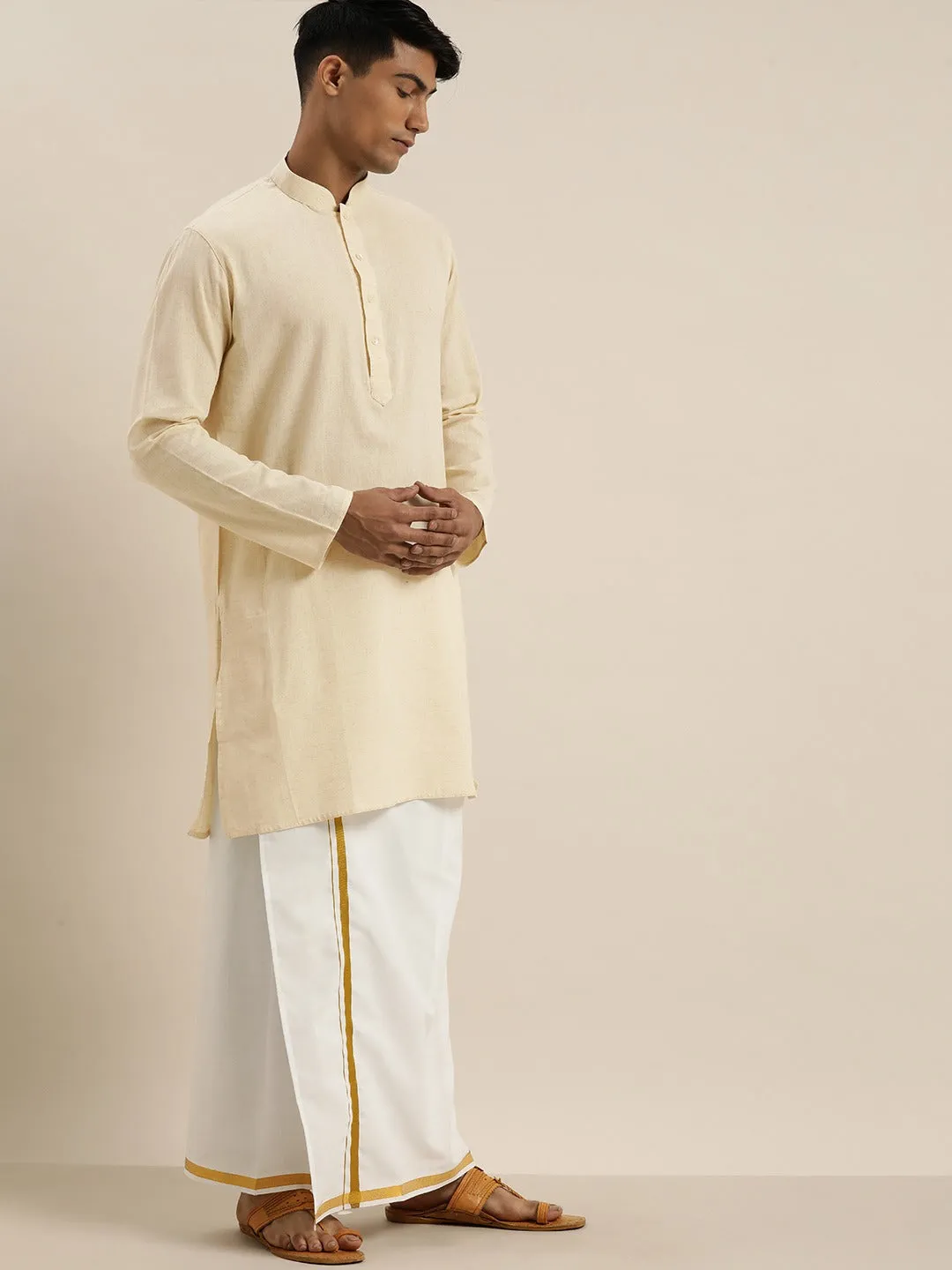 VASTRAMAY Cream Cotton Kurta with Mundu