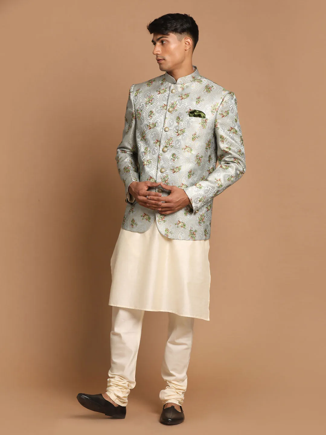 VASTRAMAY Green Woven Jodhpuri Kurta Set