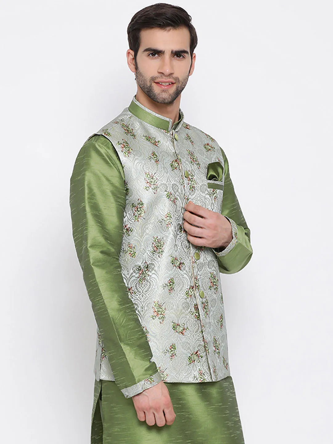 VASTRAMAY Grey & Green Nehru Jacket