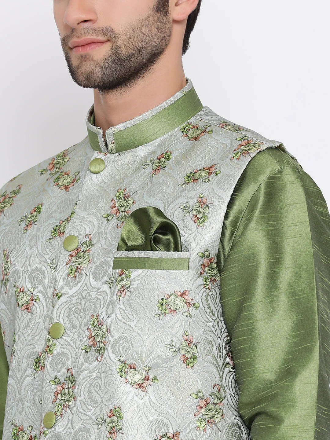 VASTRAMAY Grey & Green Nehru Jacket