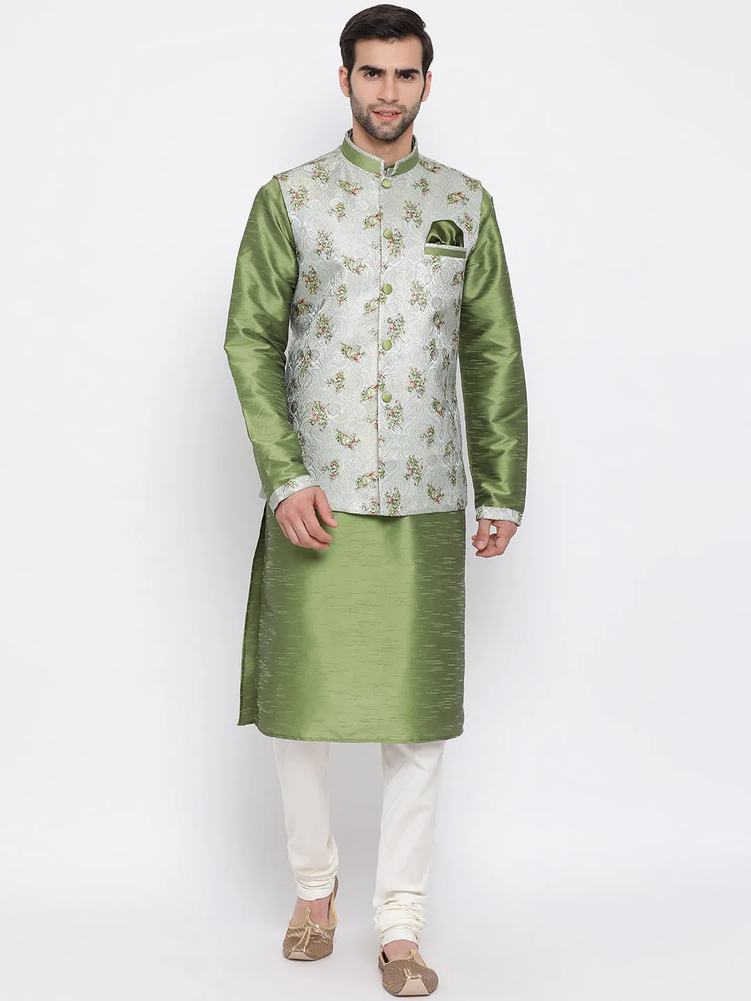 VASTRAMAY Grey & Green Nehru Jacket