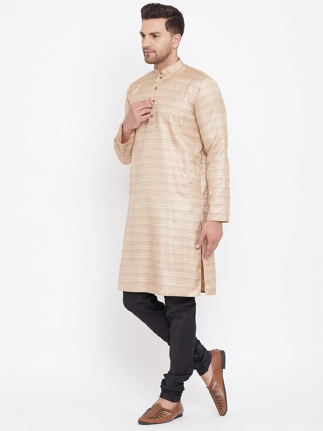 Vastramay Men's Beige & Black Silk Kurta