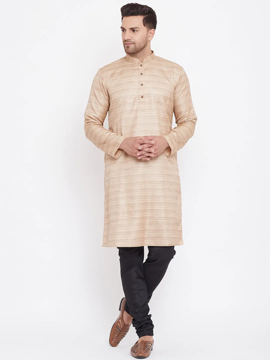 Vastramay Men's Beige & Black Silk Kurta