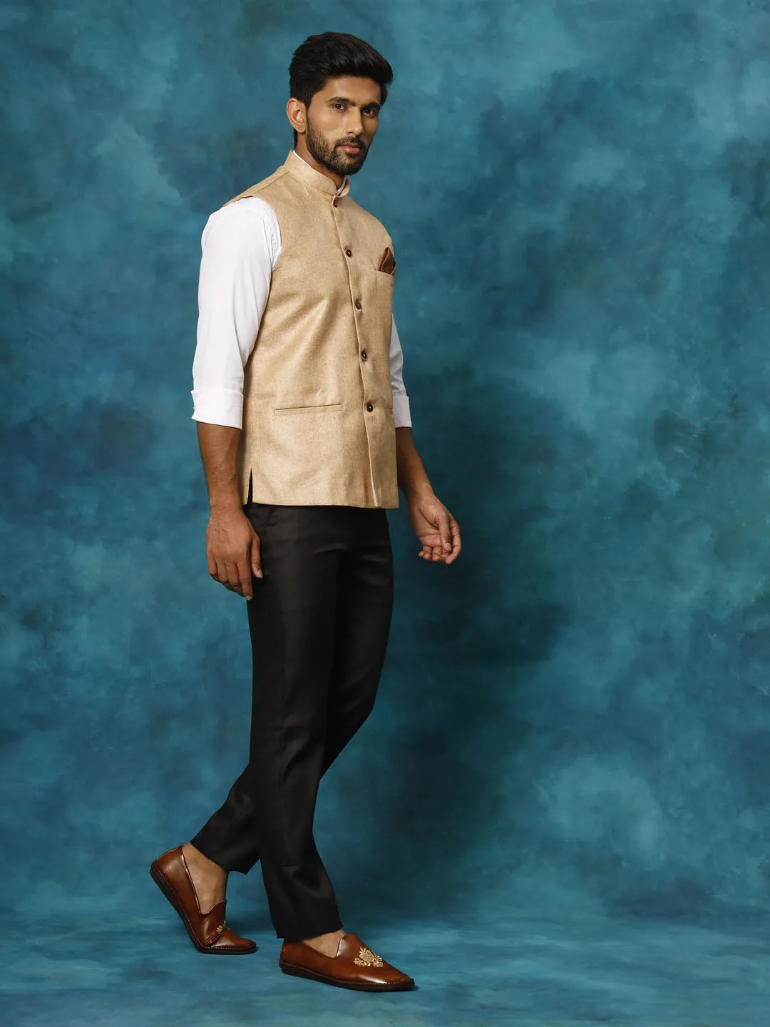 VASTRAMAY Men's Beige Nehru Jacket